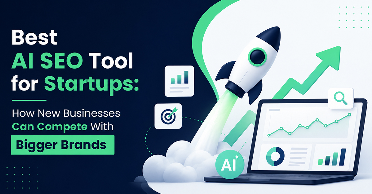 Graphic promoting an AI SEO tool for startups: rocket launch, analytics dashboard, upward green arrow, and text about competing with bigger brands.
