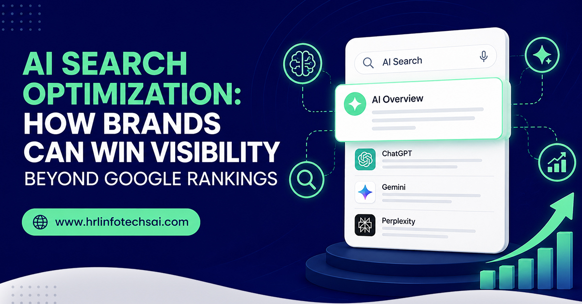 Promotional graphic reading “AI Search Optimization: How Brands Can Win Visibility Beyond Google Rankings,” with AI dashboard and rising chart.