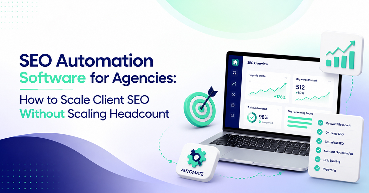 Agency team reviewing a multi-client SEO automation dashboard showing rankings, content status and reporting across client accounts