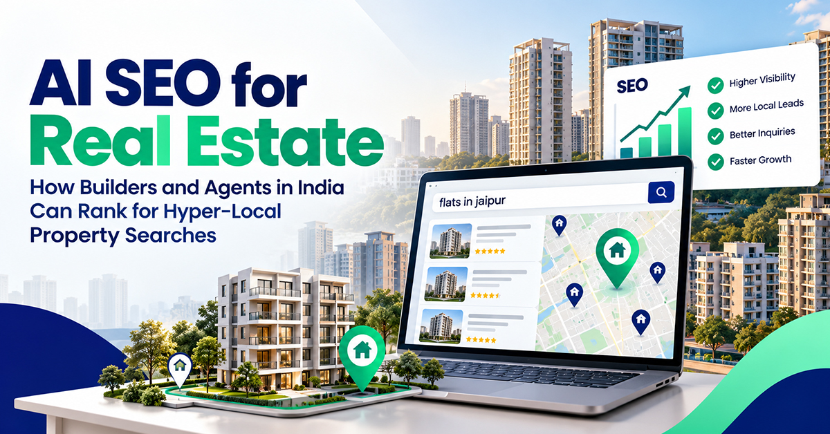 AI SEO for real estate in India showing hyper-local property searches, residential projects and SEO analytics.